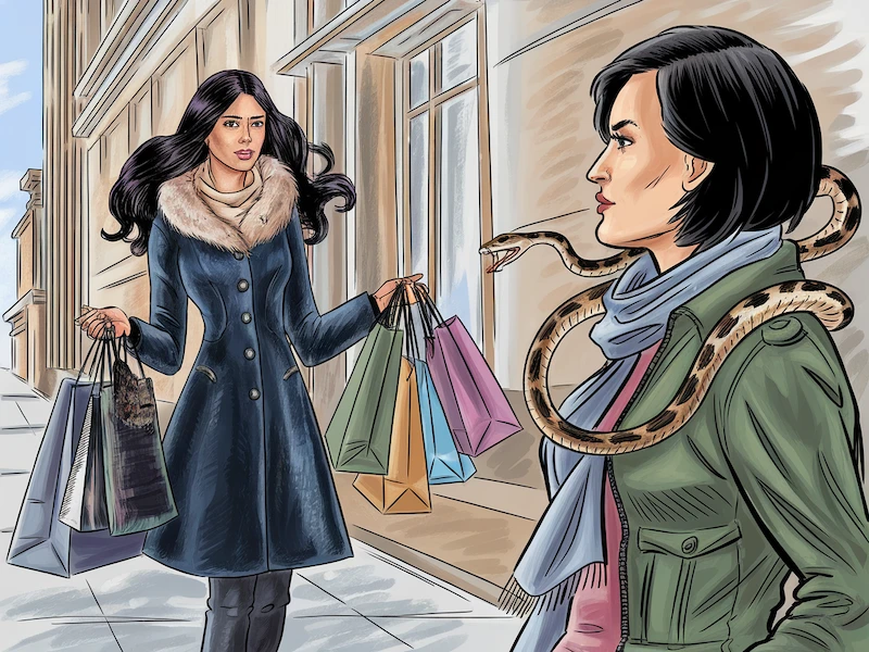 Woman feeling envious of another woman. She has a snake wrapped around her neck