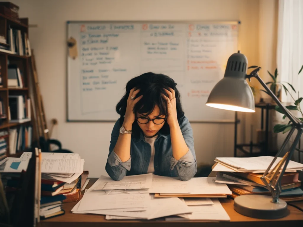woman feeling overwhelmed. She has regular black snake dreams because she has too much to do