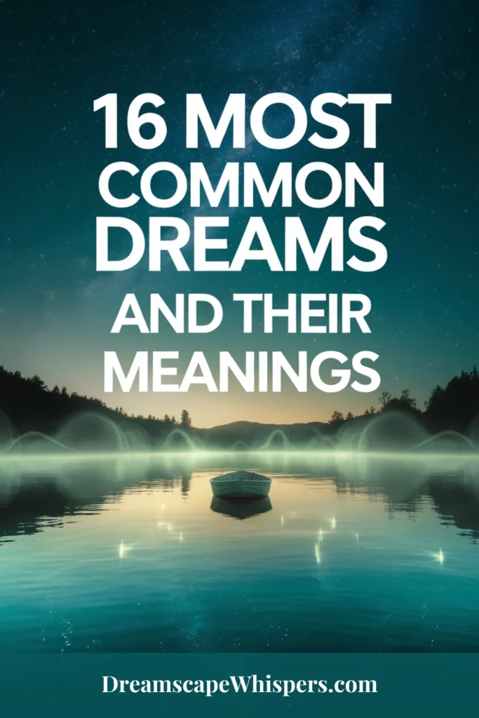 Text reads '16 most common dreams and their meanings' there is a lake with a small boat on it underneath 