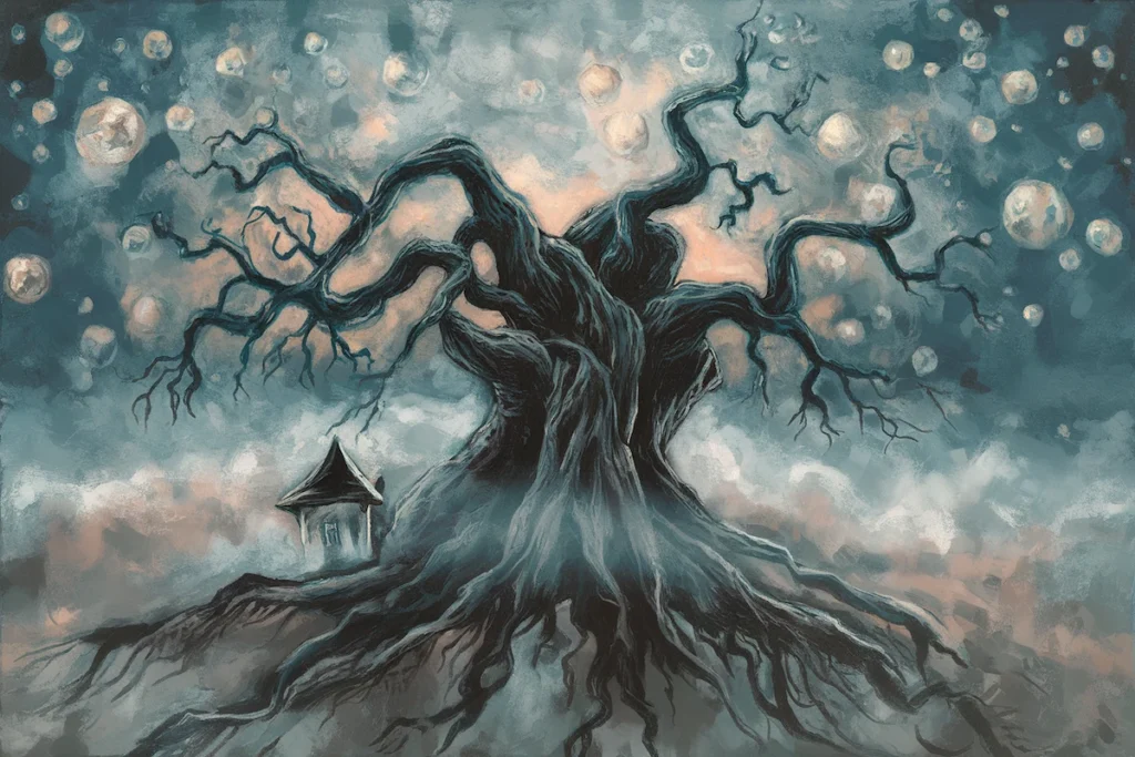 An abstract painting of a fearful dream. There's a large, dark, and twisted tree with gnarled branches. The tree is surrounded by a dense fog. At the base of the tree, there's a small, white house with a pointed roof. 