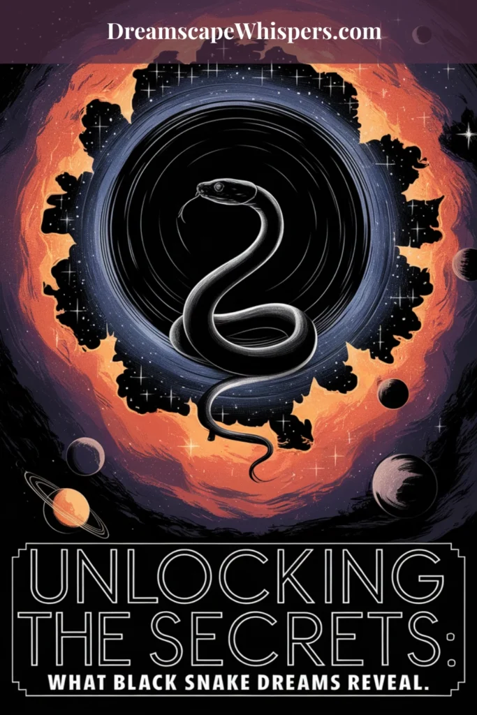 black snake set against the backdrop of a black hole. The text reads "Unlocking the secrets what black snake dreams reveal"
