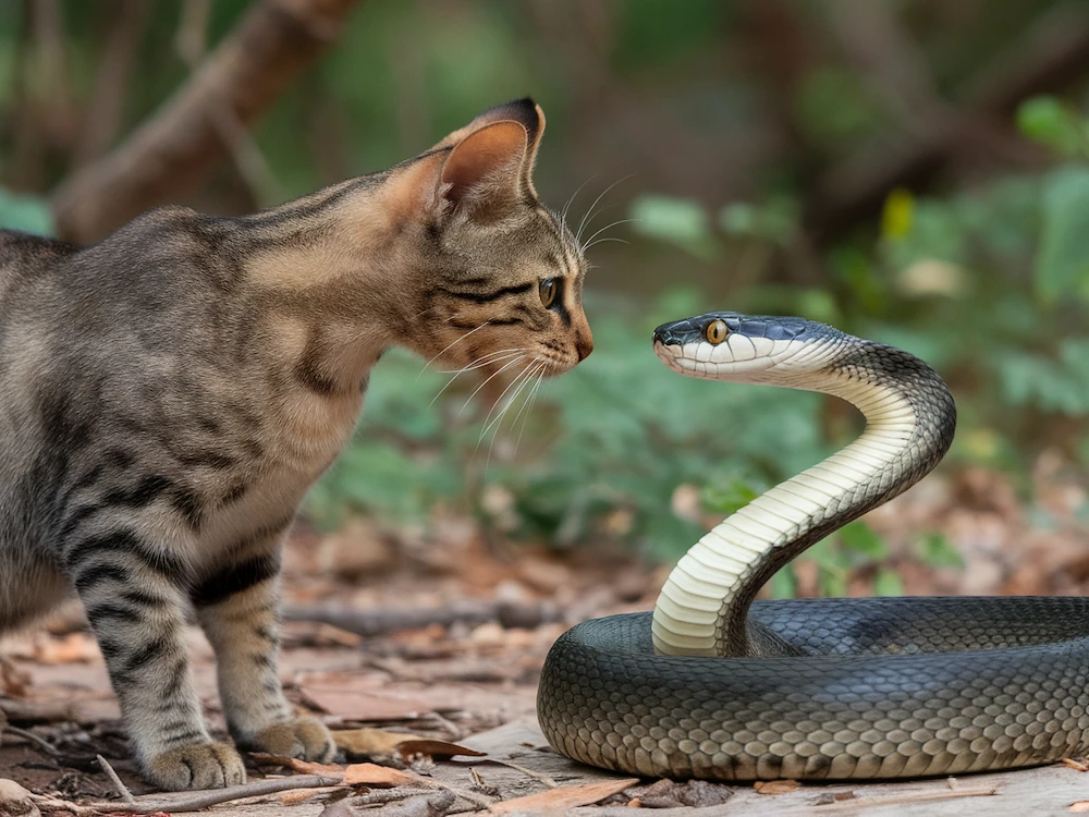 cat and a snake meeting each other