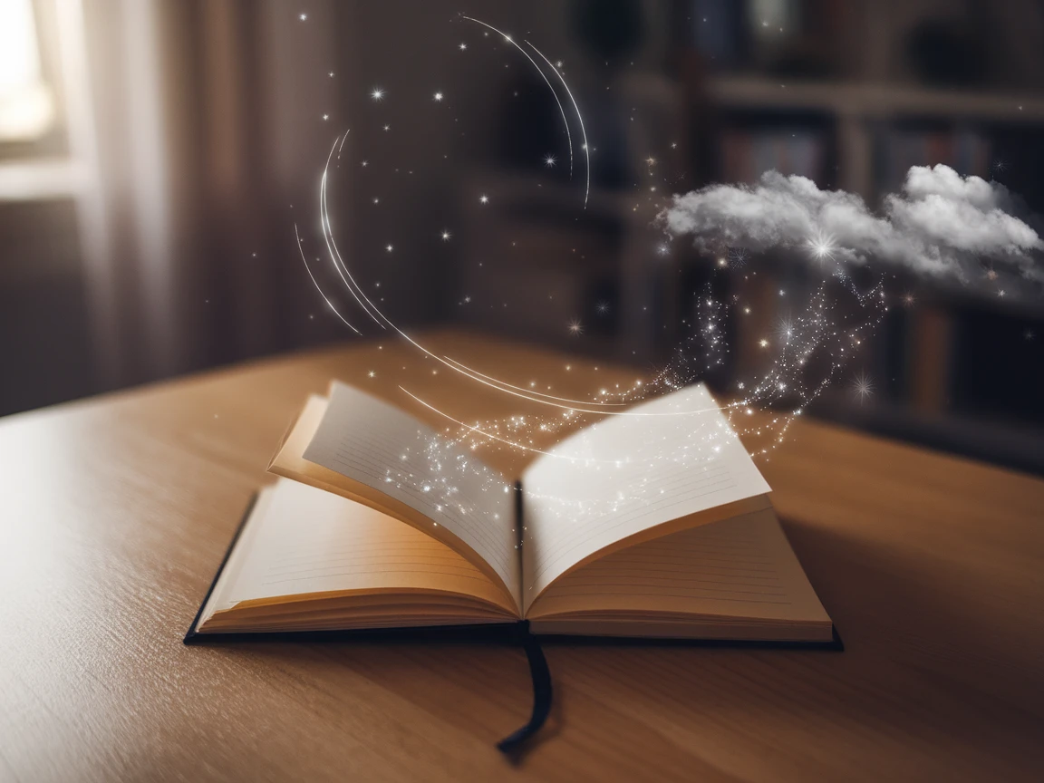 dream journal with swirling clouds and ideas coming from it