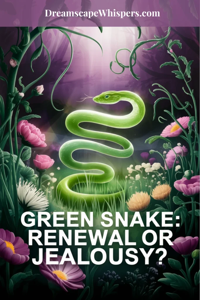 Title is Green Snake Renewal or Jealously. There is a green snake in the woods.