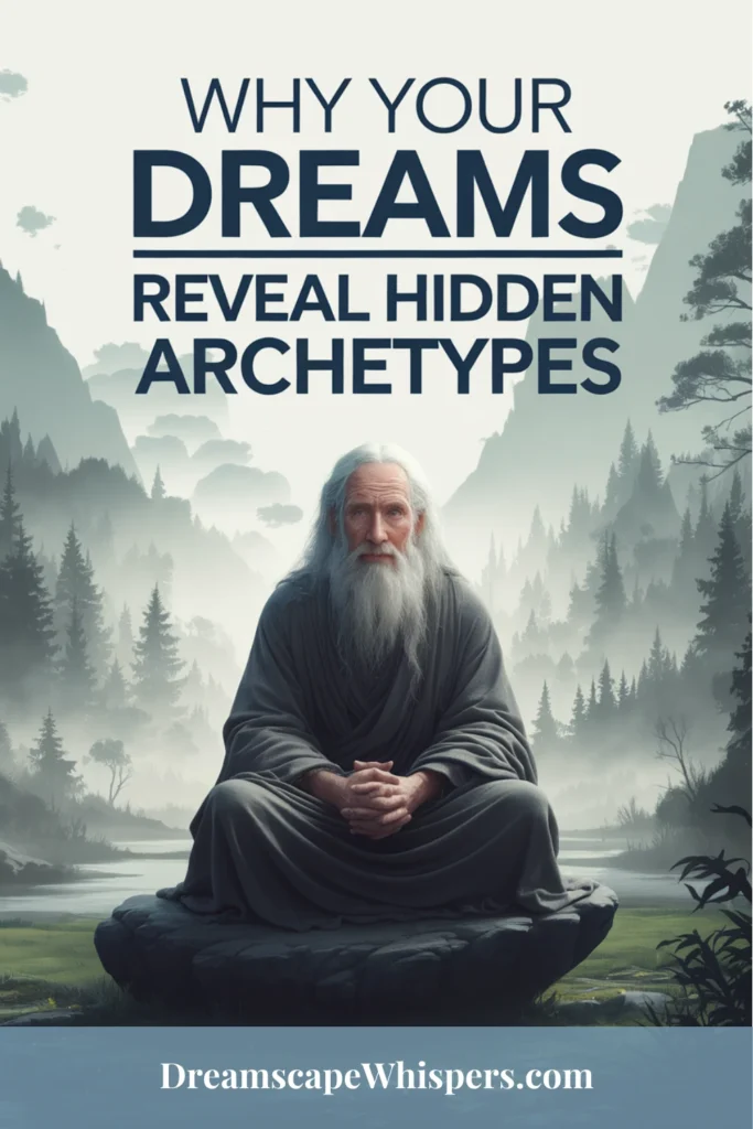 Old wise man sit with trees and mountains behind him. The text reads "Why your dreams reveal hidden archetypes"