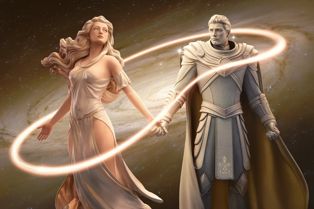 A dreamlike scene with two figures standing back-to-back, one radiating soft, nurturing energy in flowing, luminous robes (Anima) and the other exuding strength and determination in structured, regal armor (Animus). The figures are connected by a glowing, intertwined ribbon of light, symbolizing balance and integration, set against a cosmic background of stars and swirling galaxies.