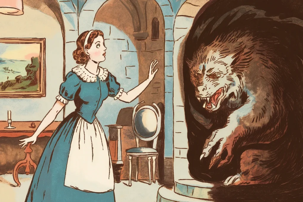 a woman faces her face and tries to talk to the large beast hiding in the shadows