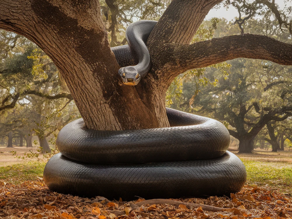 giant black snake wrapped around a tree