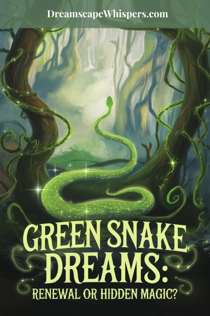 Text says 'Green Snake Dreams' there is a green snake in a forest