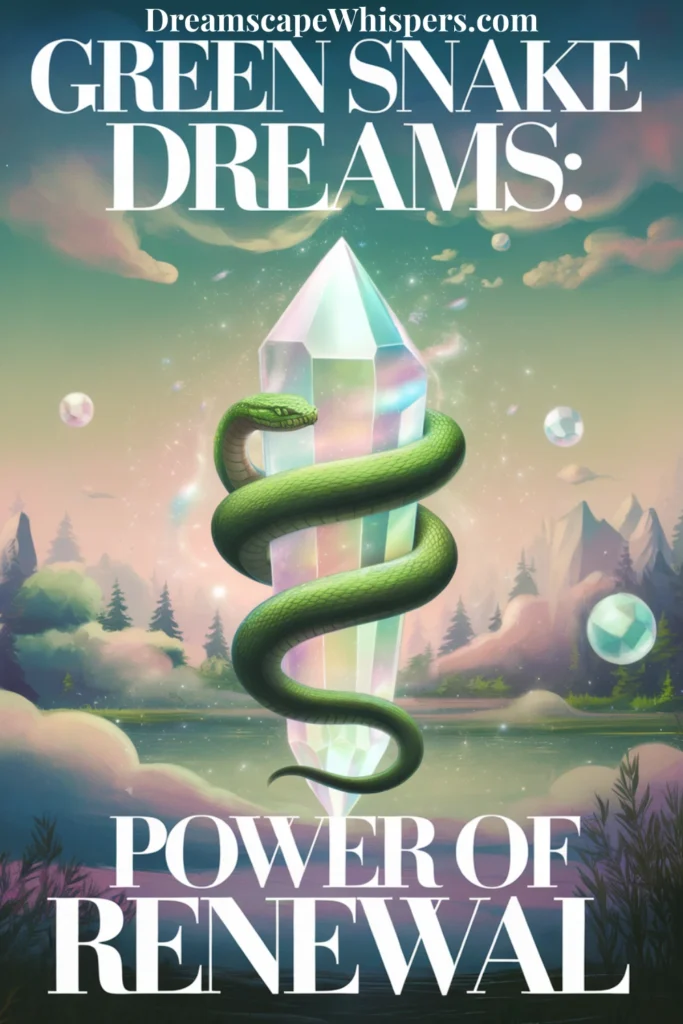 Green snake wrapped around a giant crystal with the words Green Snake Dream: Power of Renewal