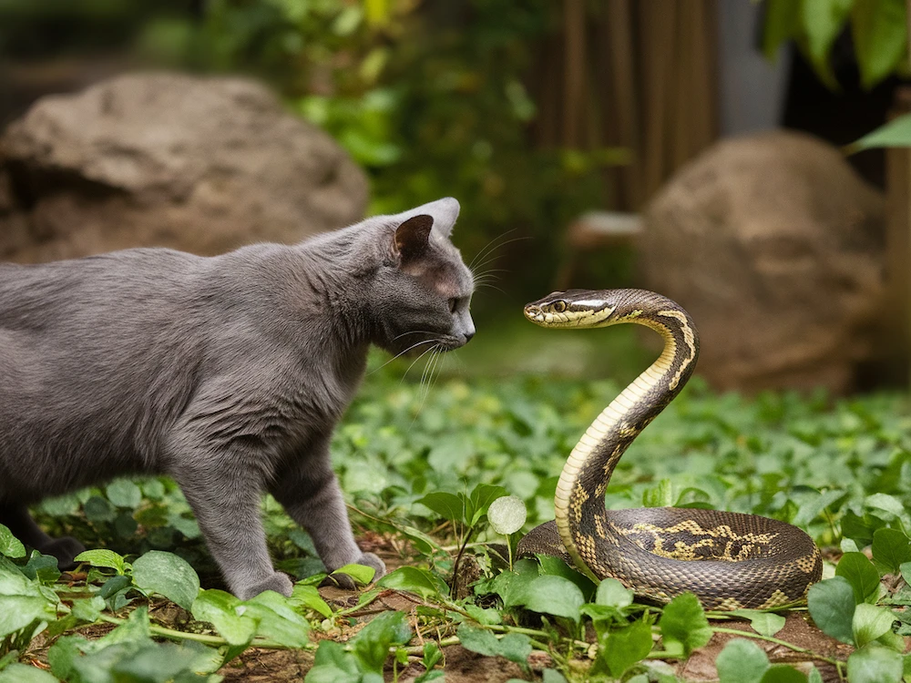 grey cat and snake standing off watching each other