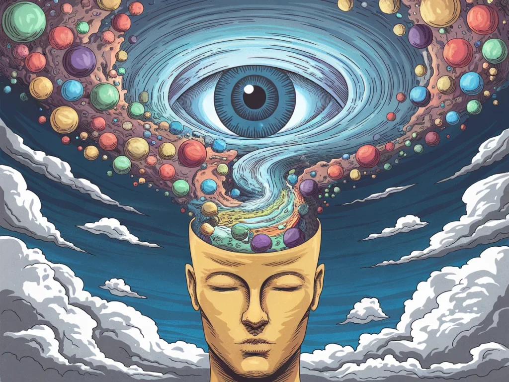 head with vortex of ideas swirling around