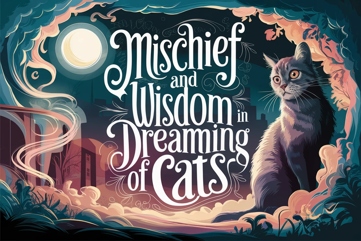 Large title reads Mischief and Wisdom in Dreaming of Cats. There is a large cat in the night and misty clouds around him