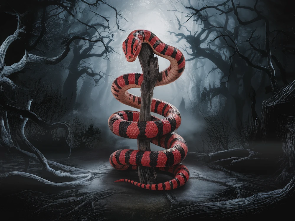 red and black snake coiled around tree