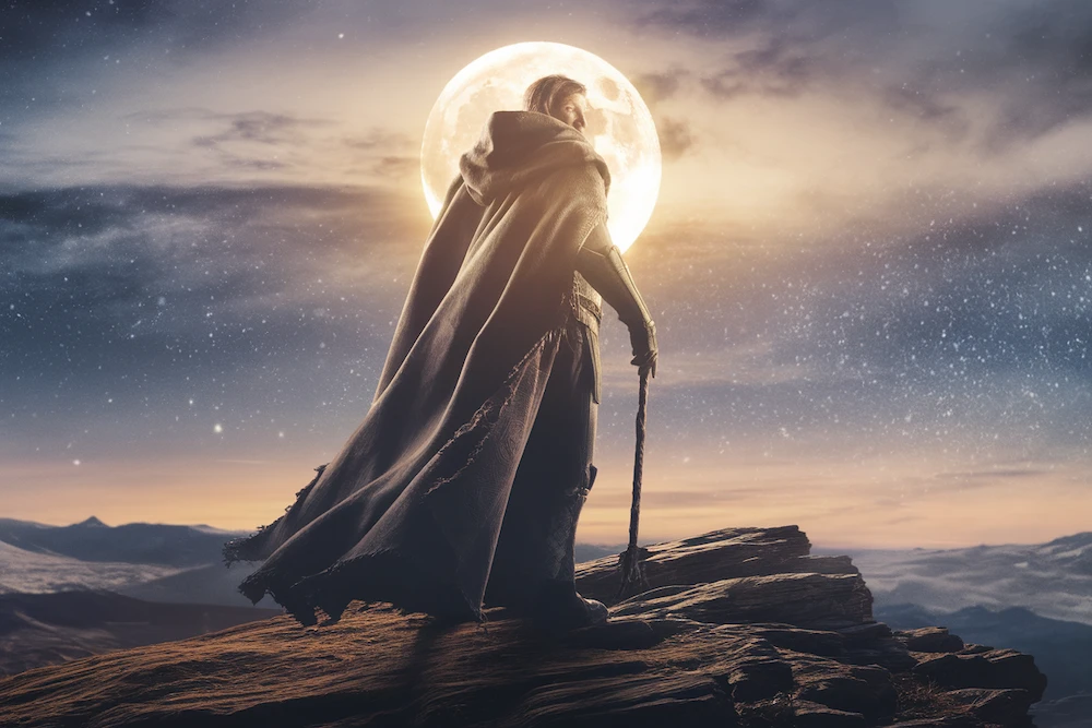 A strong, authoritative figure stands on a mountain peak at twilight, his silhouette framed by a glowing full moon. He wears a long, regal cloak, and his posture radiates strength and wisdom. In one hand, he holds a staff or scepter, symbolizing guidance and protection. The landscape around him is vast and open, symbolizing stability and expansive vision.