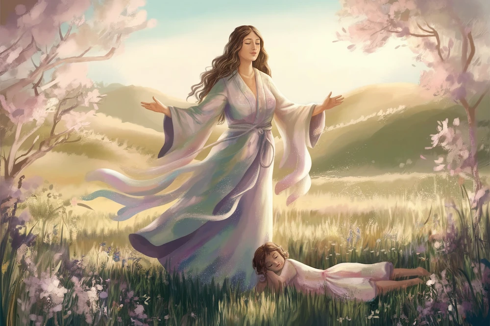 A nurturing woman stands in a radiant meadow at sunrise, her arms open in a gesture of care and embrace. She wears flowing robes that shimmer with soft pastel hues, blending with the natural surroundings. Around her, flowers bloom and animals gather, symbolizing life and fertility. A child rests near her feet, gazing up at her with trust and affection. Her expression is warm and loving, embodying unconditional care and support.