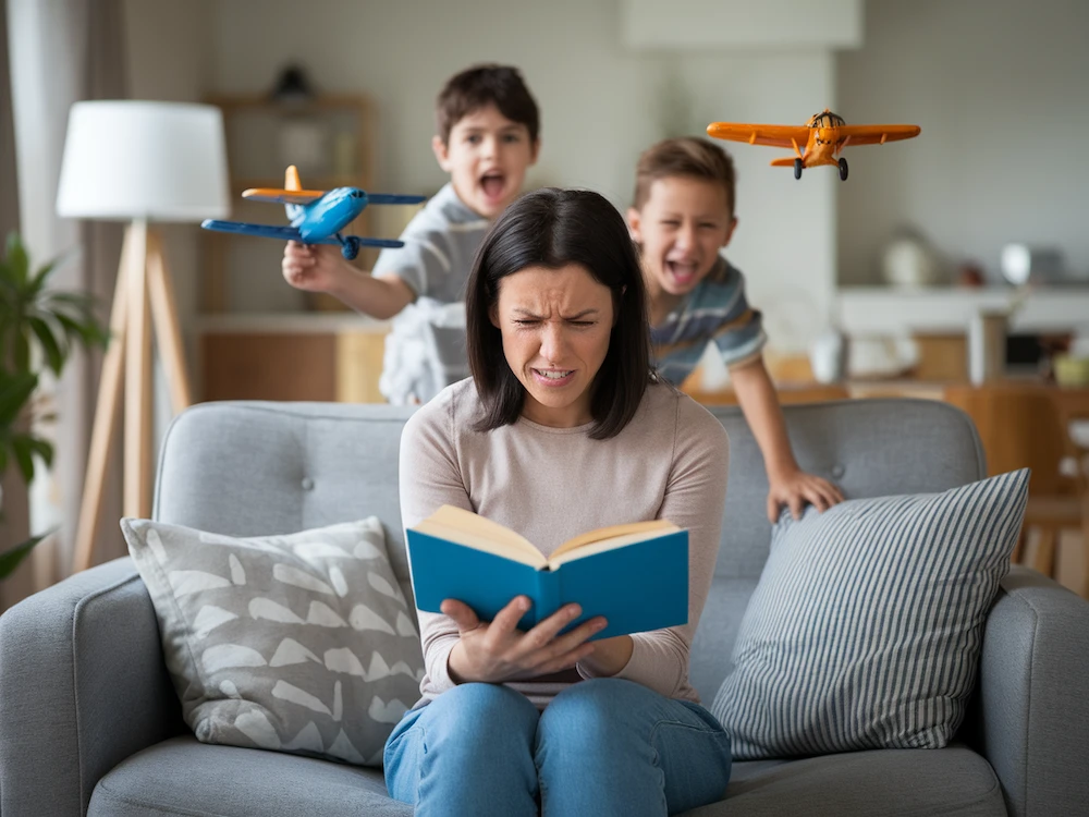 two boys disturbing mom while she tries to read peacefully