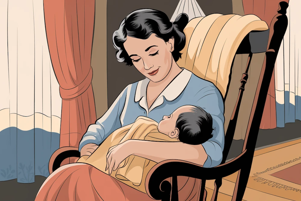 a mother in a rocking chair holding her baby. they are looking at each other with love and kndness