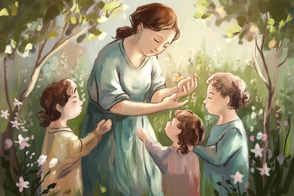 A gentle woman stands in a peaceful, sunlit garden, their arms outstretched as she cares for a group of young children.