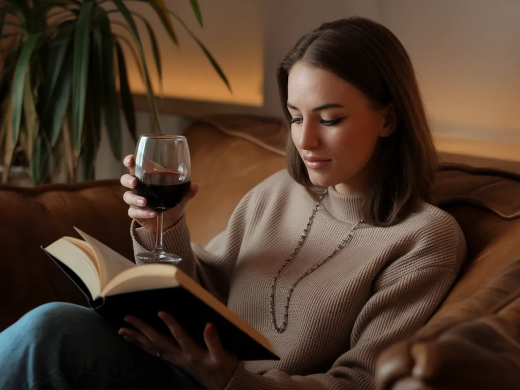 woman enjoying wine and a book before bed