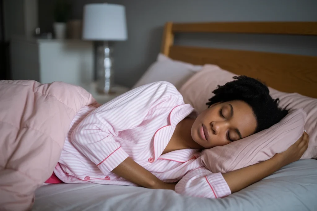 African American woman sleeping peacefully in bed wearing striped pink PJs