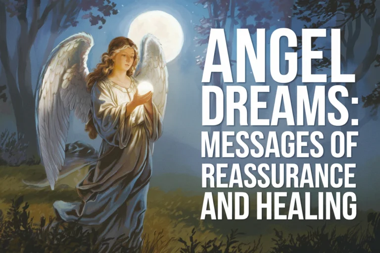 Beautiful angel standing in front of the moonlight, holding an orb. The text reads Angel Dreams: Messages of reassurance and healing
