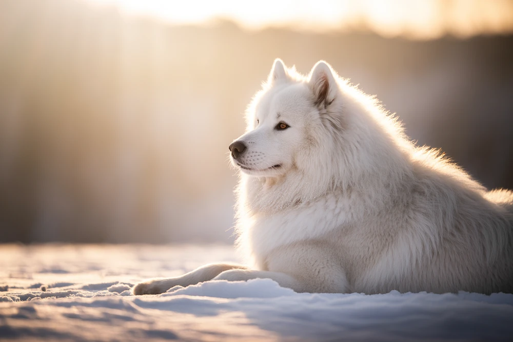 samoyed dog resting in snow