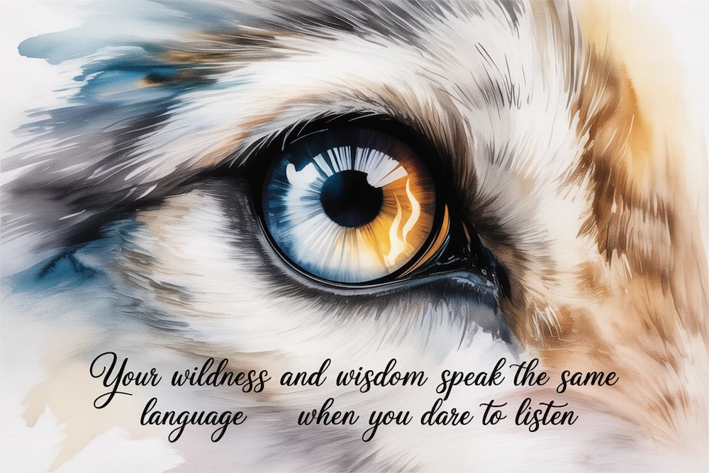 Watercolor portrait of a wolf’s eye reflecting both moonlight and flame, the balance between emotion and instinct.” Quote: “Your wildness and wisdom speak the same language when you dare to listen.”