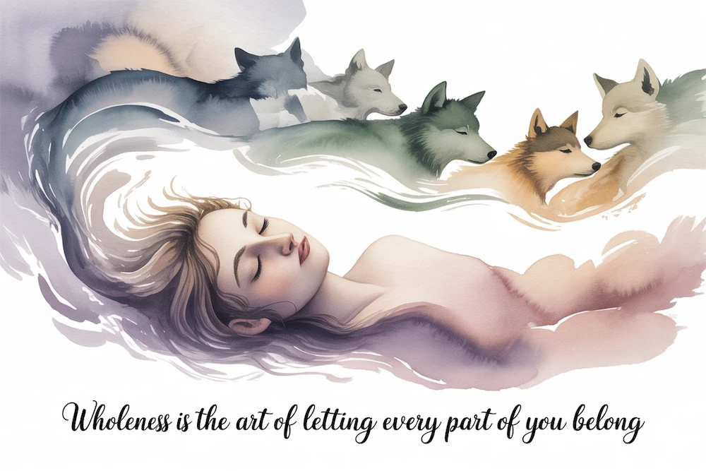 A watercolour pack forming from clouds above a figure dreaming of a wolf. Quote: “Wholeness is the art of letting every part of you belong.”