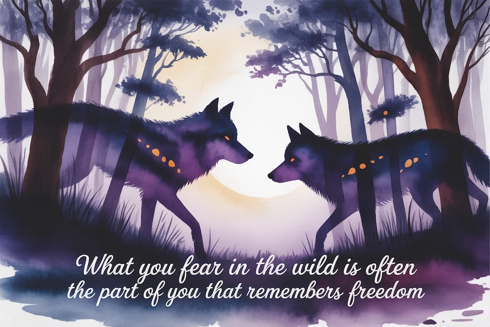 Watercolor forest where shadows of fairy-tale wolves blend with glowing eyes. Quote: “What you fear in the wild is often the part of you that remembers freedom.”