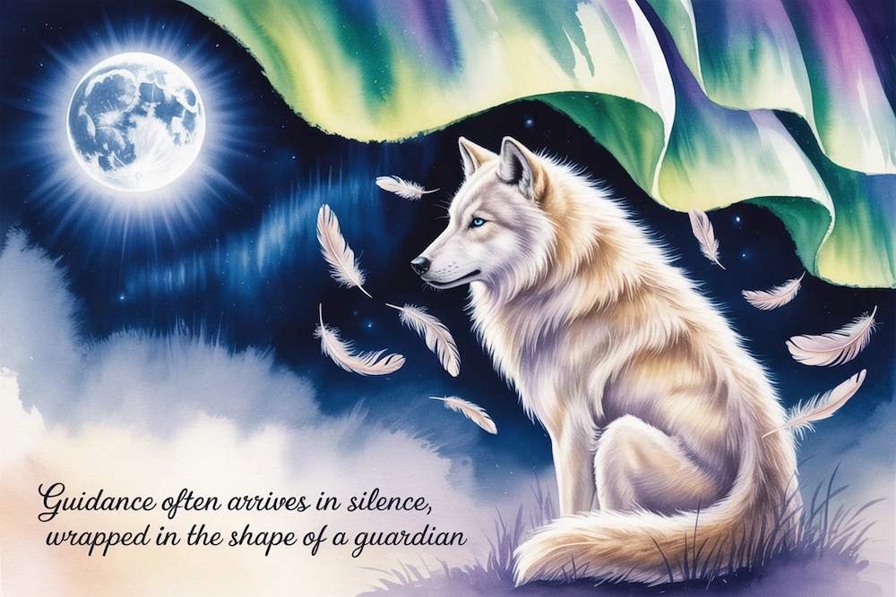 Watercolor of a white wolf under a full moon, surrounded by drifting feathers and aurora light. Quote: “Guidance often arrives in silence, wrapped in the shape of a guardian.”