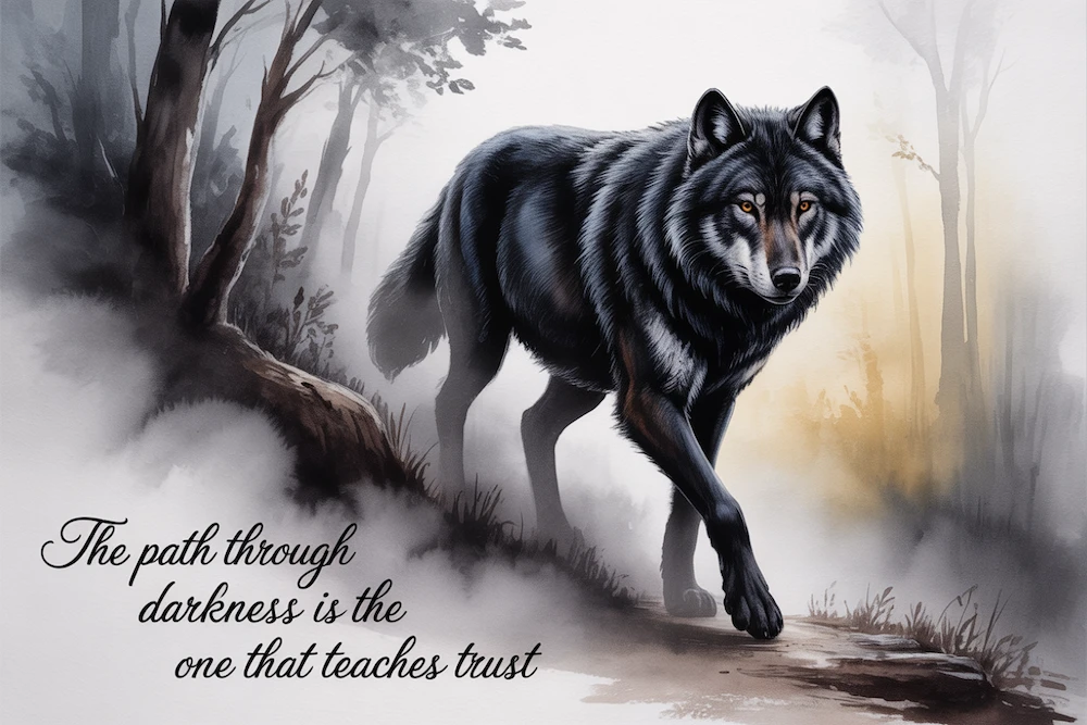 A moody watercolor of a black wolf emerging from mist. Quote: “The fears we chase are often the strengths waiting to return.”