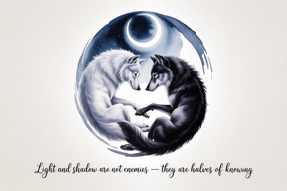 A watercolor of a white and black wolf circling one another in harmony beneath a crescent moon. Quote: “Light and shadow are not enemies — they are halves of knowing.”