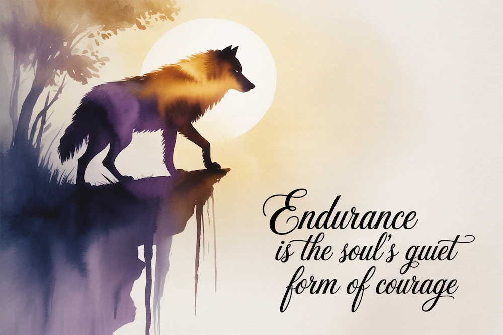 Watercolor of a wolf standing at the edge of a cliff. Quote: “Endurance is the soul’s quiet form of courage.”