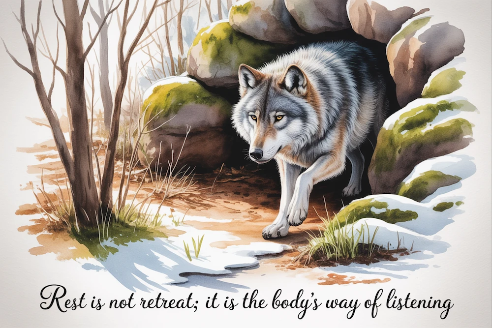 Watercolor of a wolf returning to its den, surrounded by warm amber light and snow fading to spring.” Quote: “Rest is not retreat; it is the body’s way of listening.”