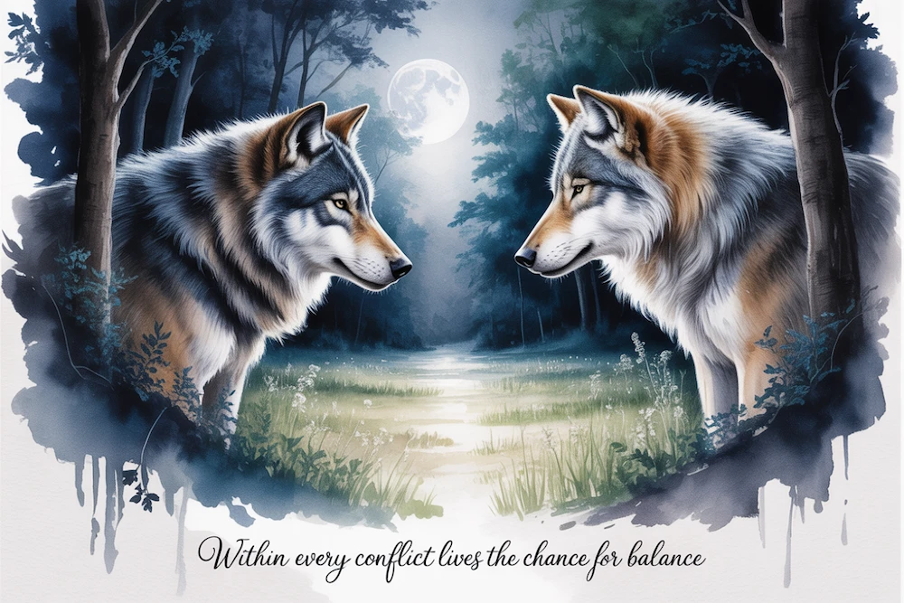 Two wolves facing each other across a moonlit clearing. Quote: “Within every conflict lives the chance for balance.”