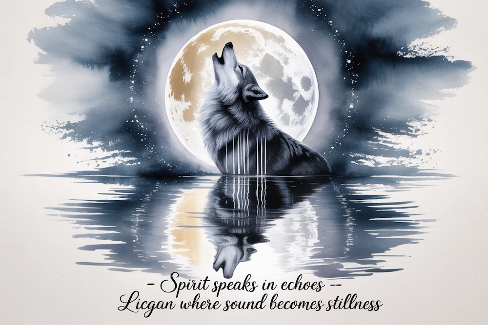A watercolor of a wolf howling at a glowing moon Quote: “Spirit speaks in echoes — listen where sound becomes stillness.”
