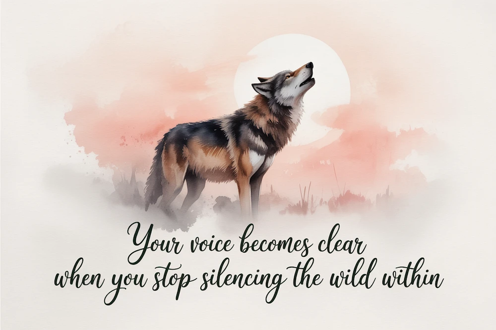 A serene watercolor of a lone wolf howling under a soft pink dawn Quote: “Your voice becomes clear when you stop silencing the wild within.”